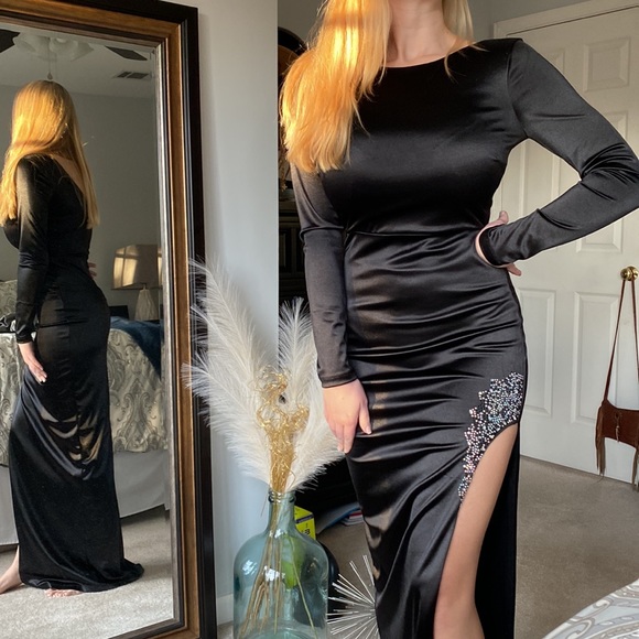 Satin Formal Dress with Sequin Accent at Thigh High Slit - Picture 1 of 13
